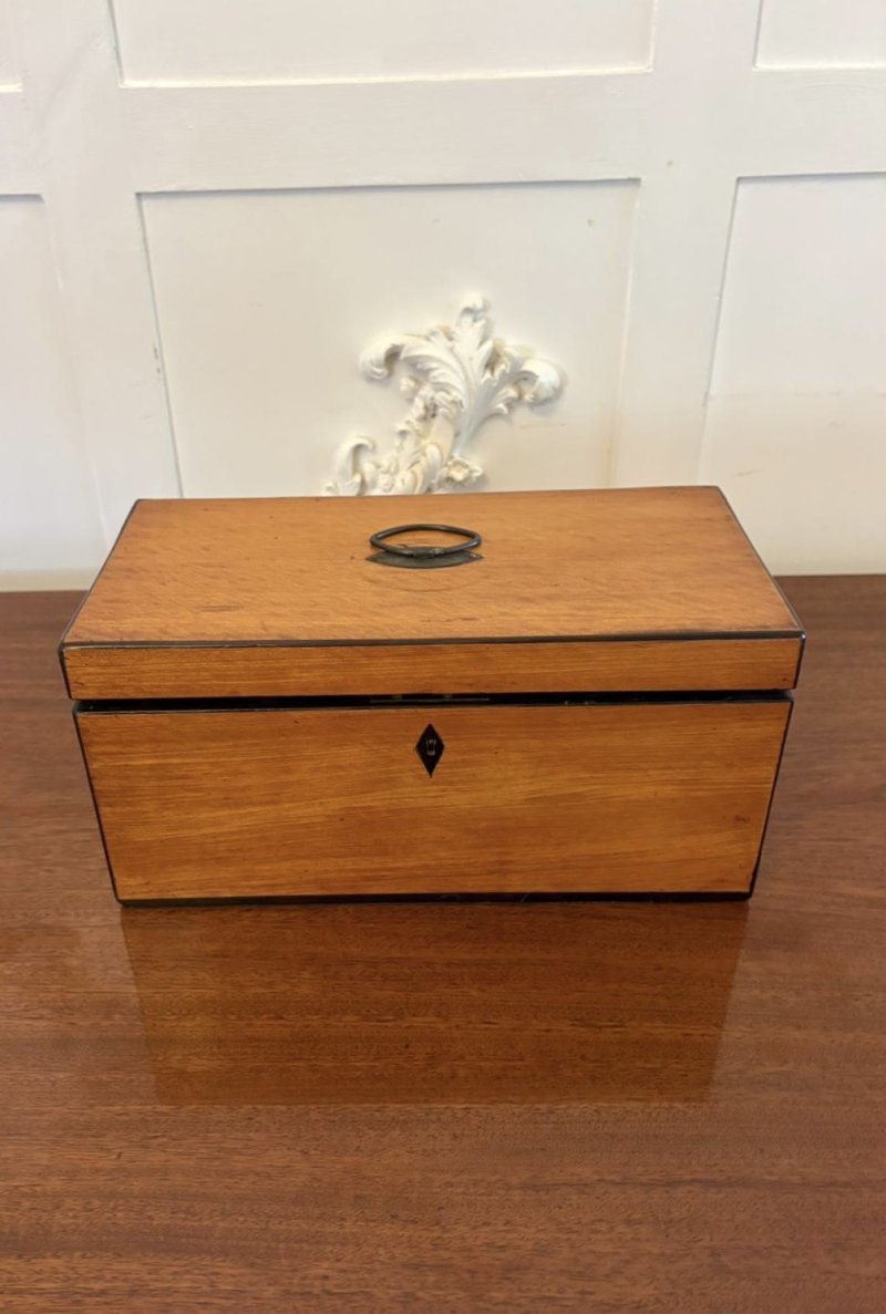 Antique Georgian Satinwood Tea Caddy Box with Original Glass Bowl and Mixing Stick